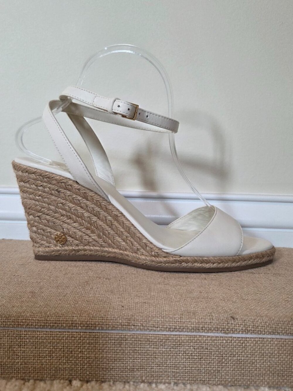Tory Burch Ivory Leather Espadrille Wedge Sandals